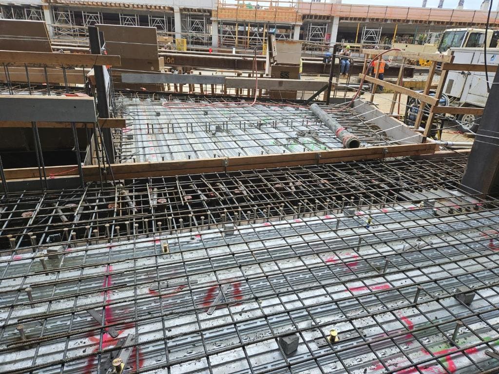 Rebar grid formed and ready for a commercial foundation slab pour