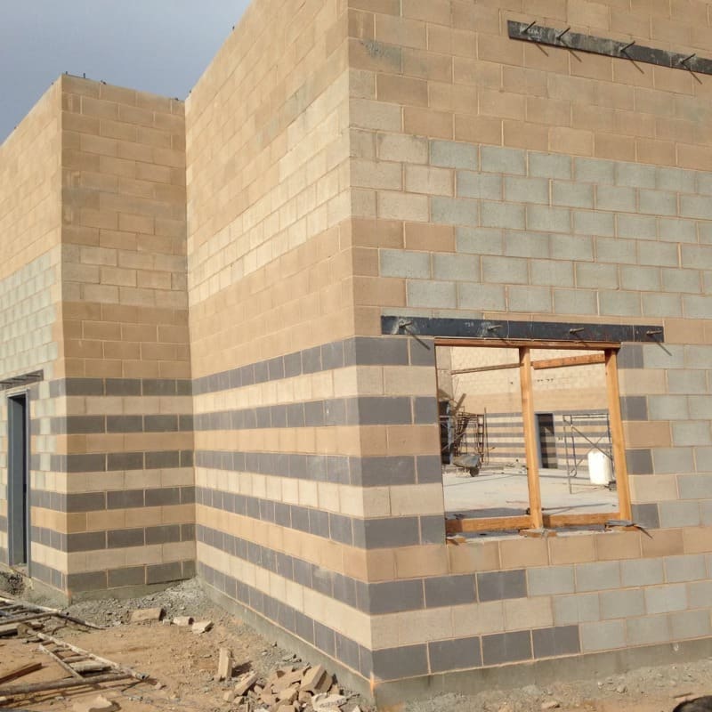 Concrete masonry block wall under construction on a federal building