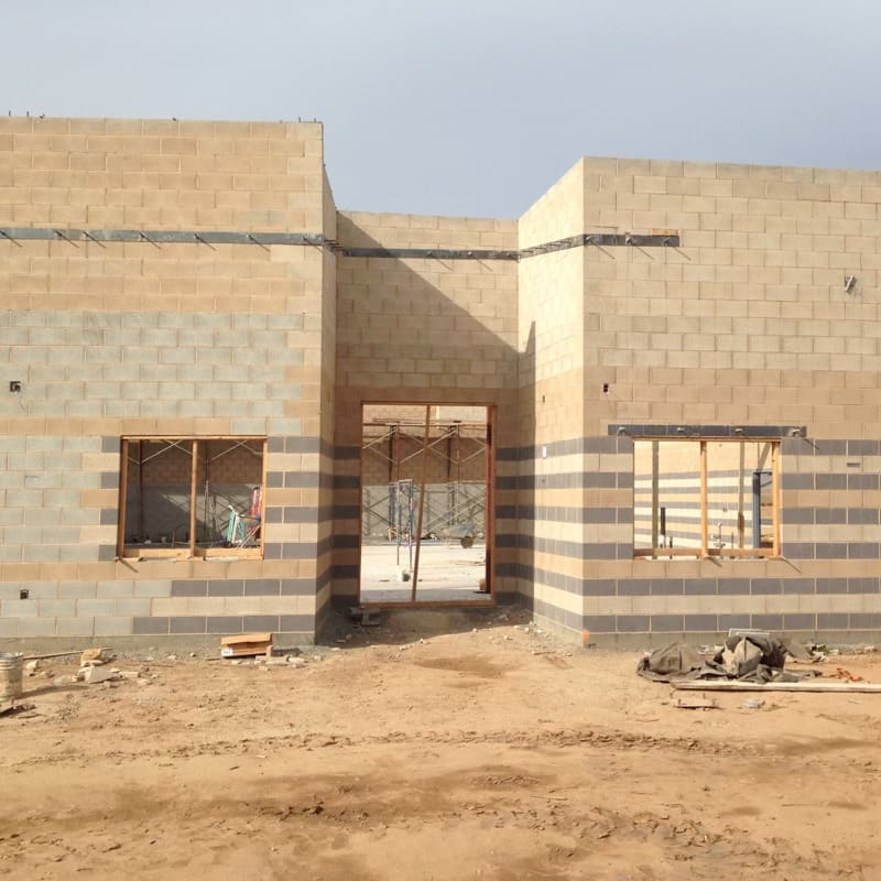 Concrete masonry block wall with window openings framed on a federal building